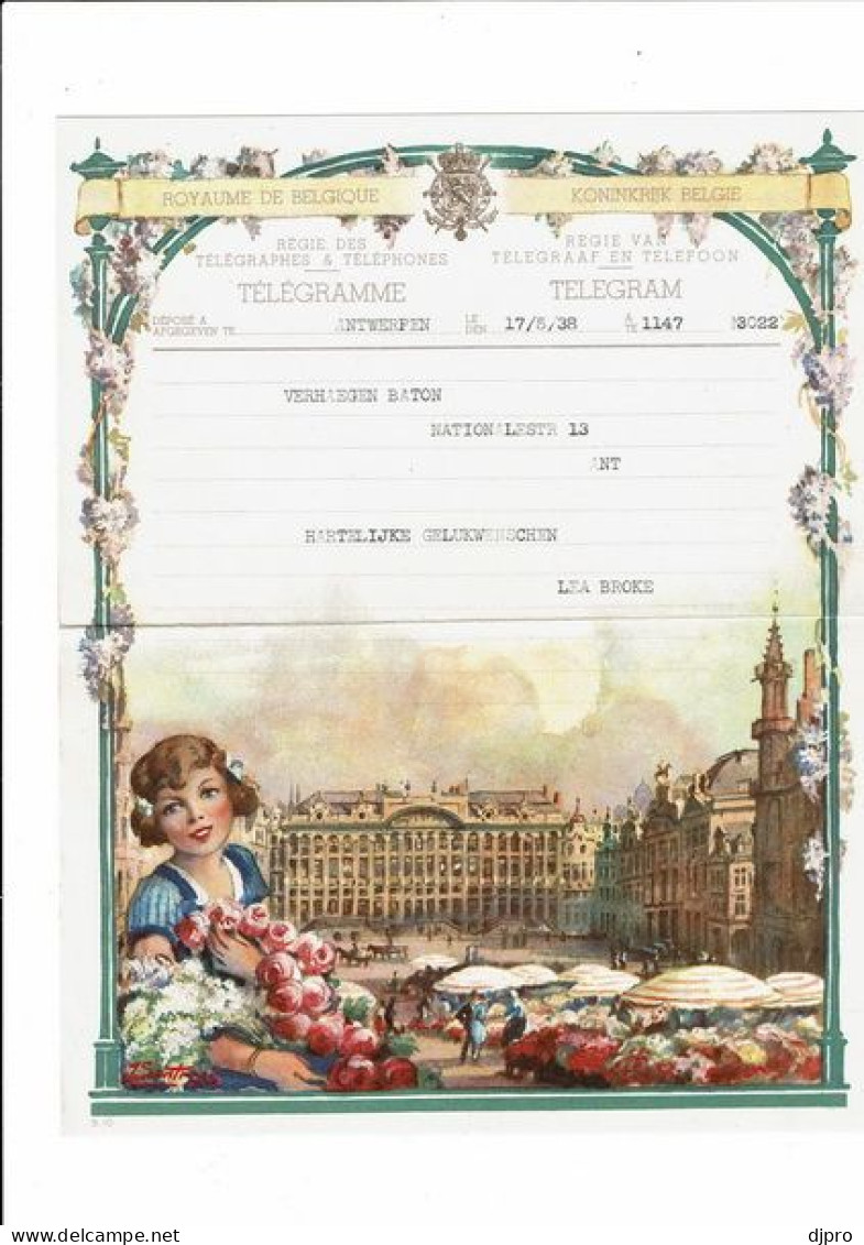 Télégramme Illustré.Belgique.Telegram.Illustrateur  J BXL Marché Fleurs 1938 - Telegramme