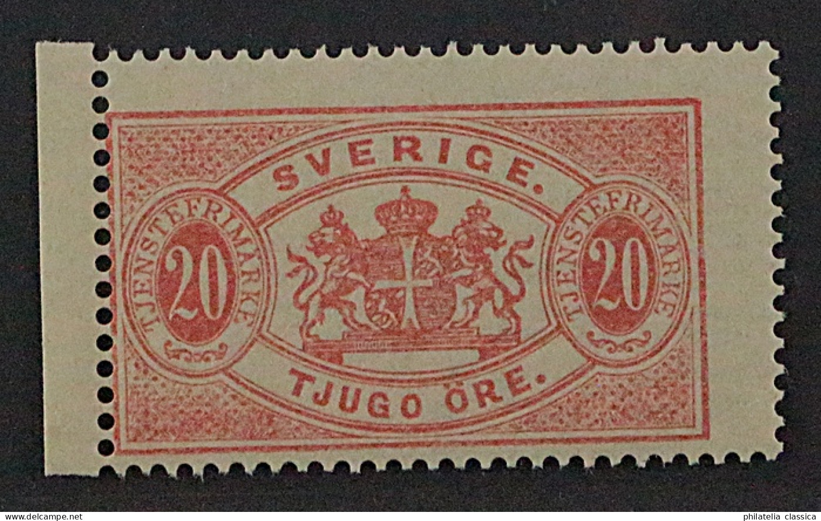 1872, SCHWEDEN DIENST 7 B ** Ziffer 20 Öre Lachsrot, Postfrisch, SELTEN, 400,-€ - Dienstmarken