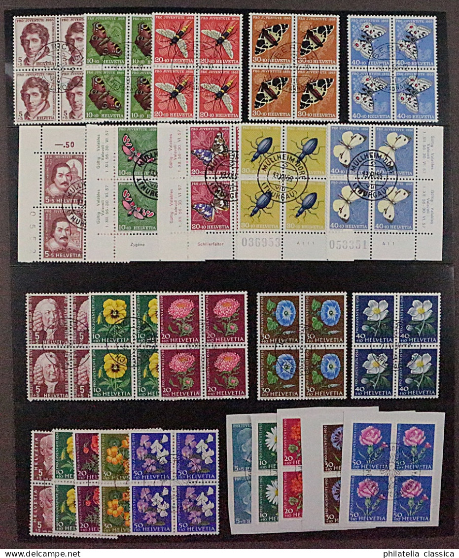 SCHWEIZ, 5 Gute VIERERBLOCK-Sätze Juventute 1955-63 ZentrumStempel, KW 240,-SFr. - Used Stamps