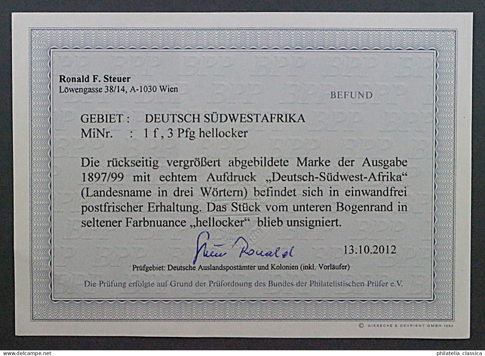 1898, DEUTSCH-SÜDWESTAFRIKA 1 F ** 3 Pfg. Hellocker, Postfrisch, Geprüft 900,-€ - Deutsch-Südwestafrika