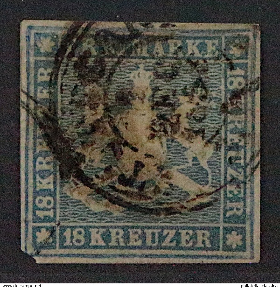 1857, WÜRTTEMBERG 10, 18 Kr. Blau Mit Seidenfaden, Sauber Gestempelt, 1600,-€ - Usados