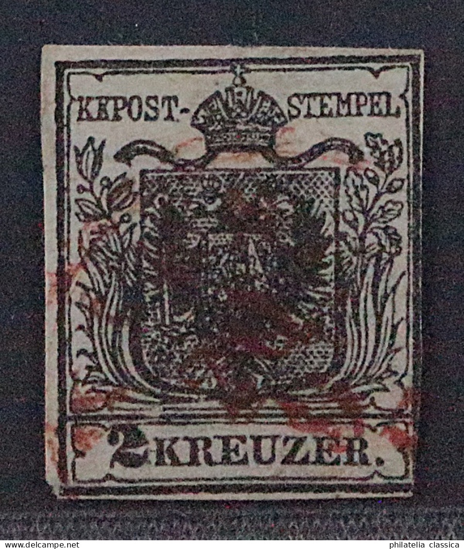 1850 Österreich  2 X,  2 Kr. Handpapier, ROTER STEMPEL, Attest BPP, KW 1500,- € - Usados