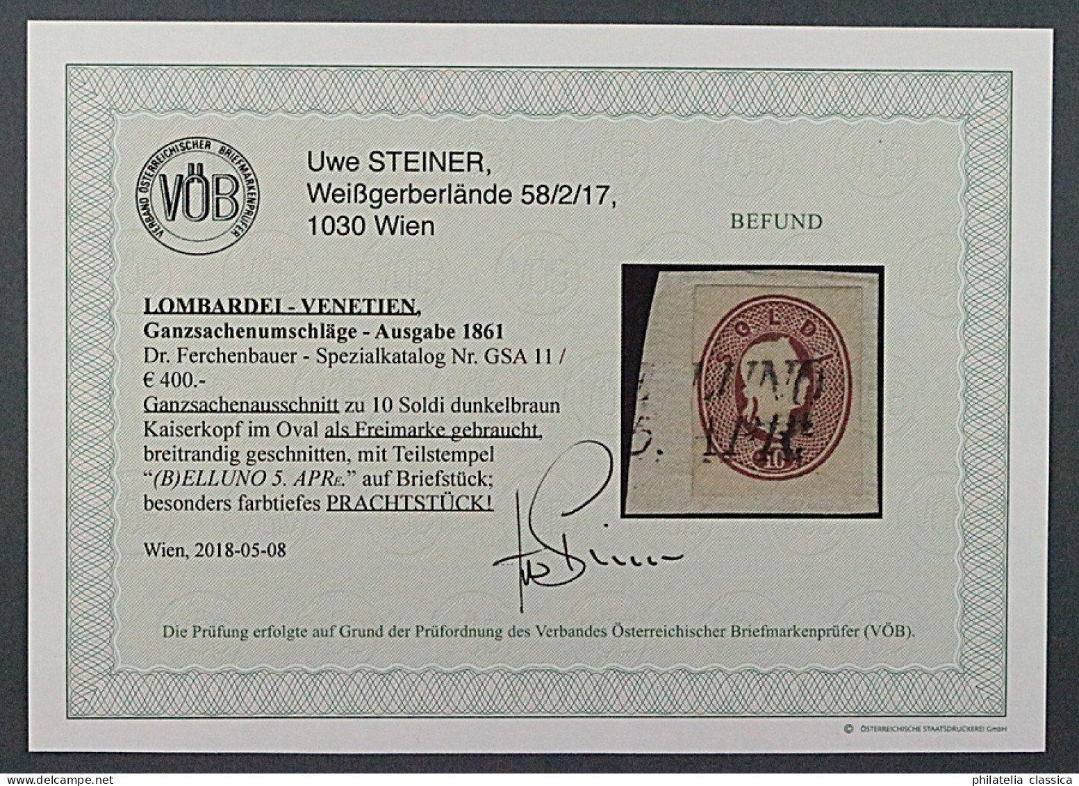 Lombardei 1861, Kuvertausschnitt 10 So. Auf Briefstück, Fotobefund KW 600,- € - Lombardije-Venetië