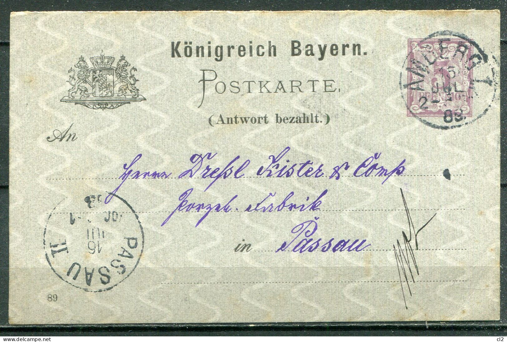 BAVIERE - Ganzsache(Entier Postal) - Mi P36/02A - AMBERG Nach PASSAU - Interi Postali