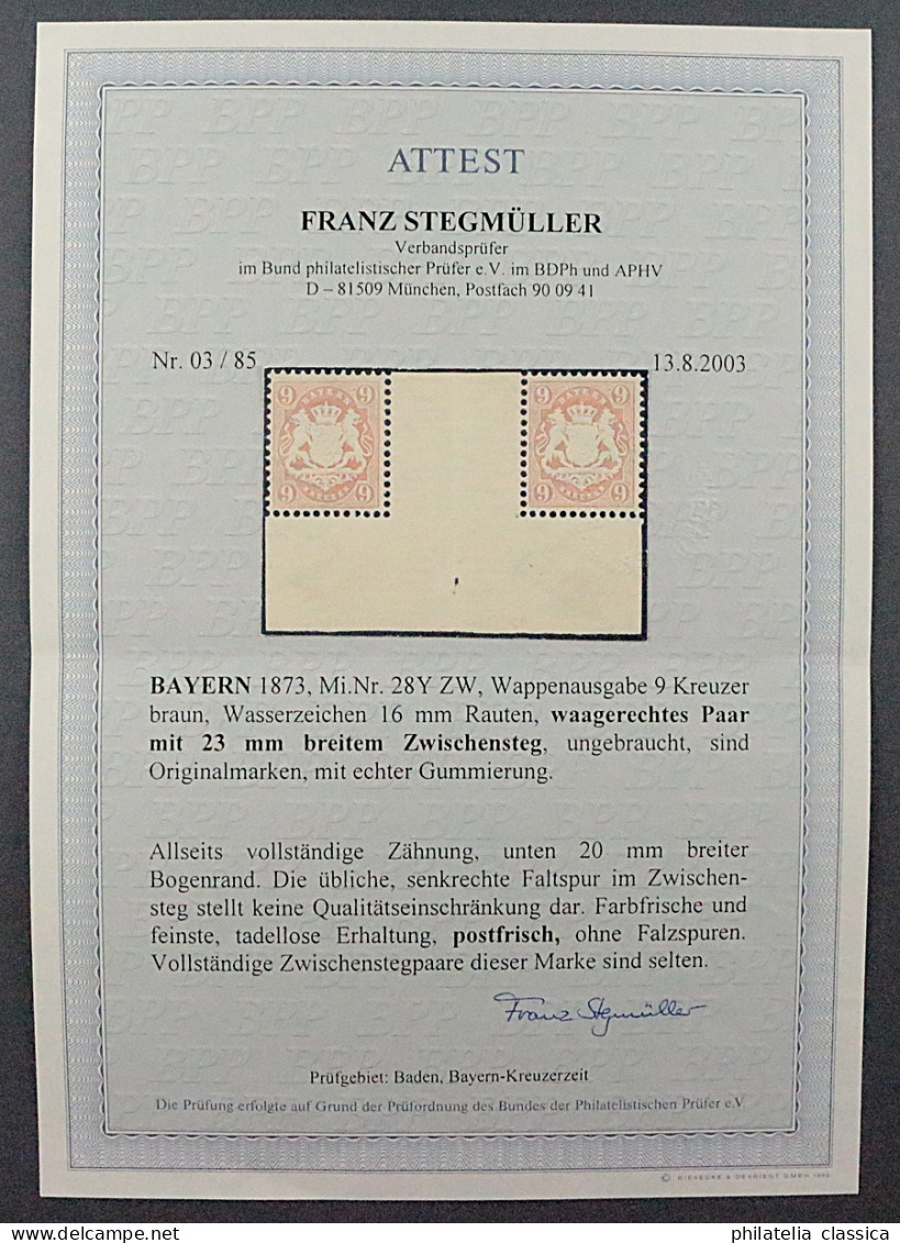 Bayern 29 Y ZW ** Wappen 9 Kr. Im ZWISCHENSTEGPAAR Mit Attest, SELTEN,  1000,- € - Nuevos