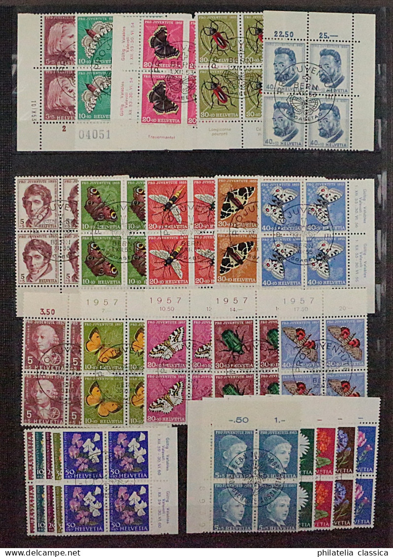 SCHWEIZ, 5 Gute VIERERBLOCK-Sätze Juventute 1953-63 ZentrumStempel, KW 330,-SFr. - Used Stamps