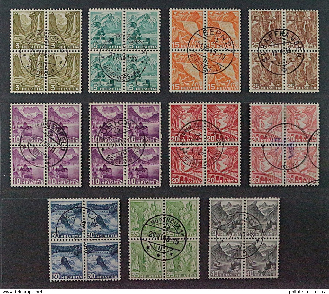 SCHWEIZ SBK 200-09y, 203Ay, 205Ay, Kpl. Viererblocks Zentrum-Stempel, 2850,-SFr. - Used Stamps