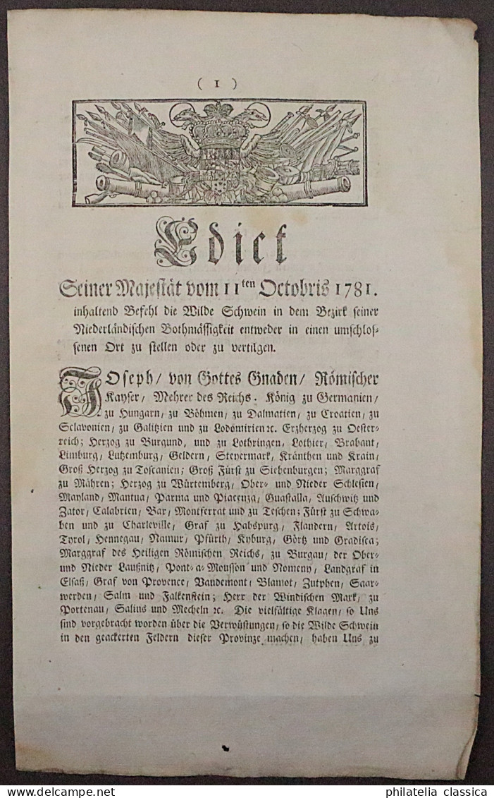 NIEDERLANDE Oktober 1781, Gedrucktes Kaiserliches Dekret über Freie WILDSCHWEINE - ...-1852 Vorläufer