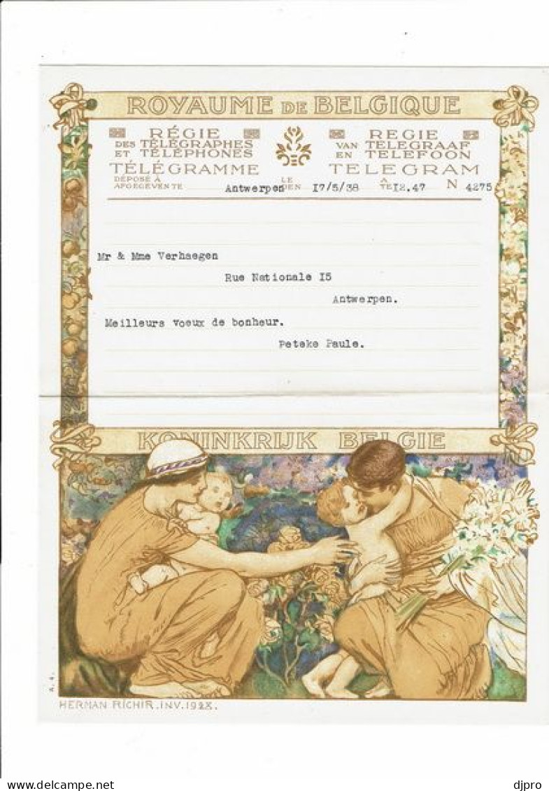 Télégramme Illustré.Belgique.Telegram.Illustrateur Herman Richir Inv 192X   1938 - Telegramme