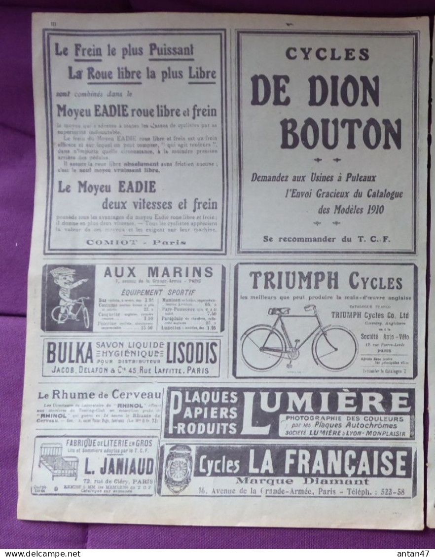 Pub TOURING CLUB 1910 / Cycles TERROT HUMBER DE DION BOUTON TRIUMPH LA FRANCAISE  Moyeu EADIE - Publicidad