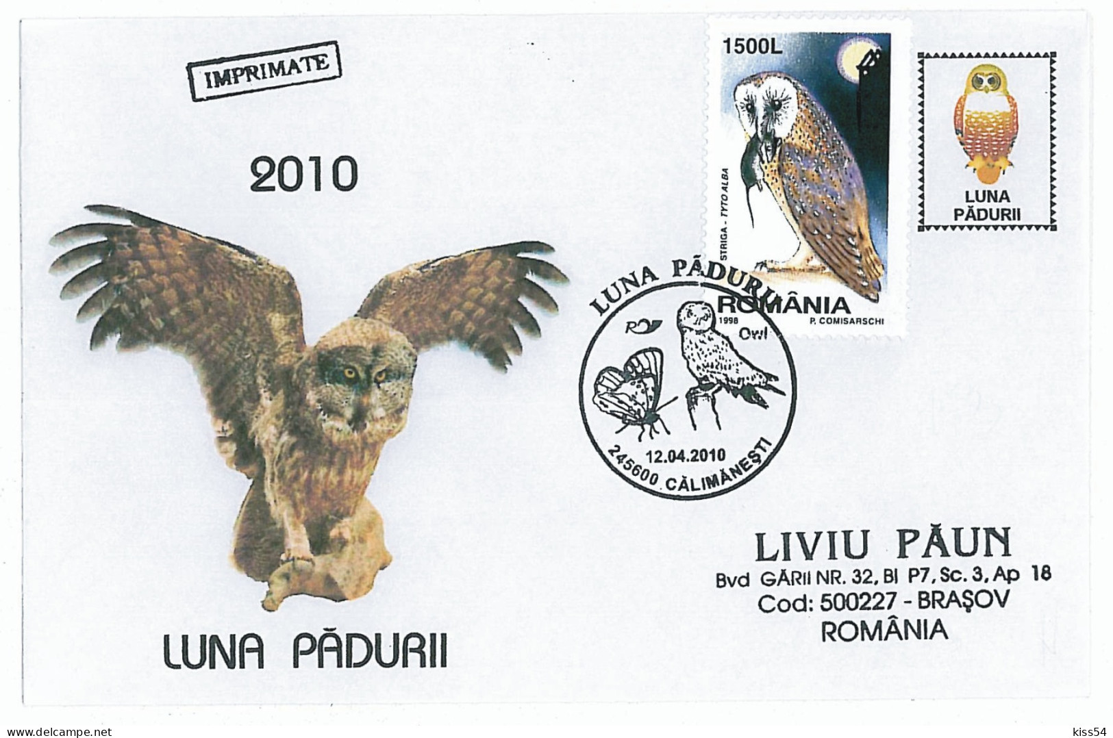 COV 17 - 953 Bird OWL, Romania - Cover - Used - 2010 - Covers & Documents