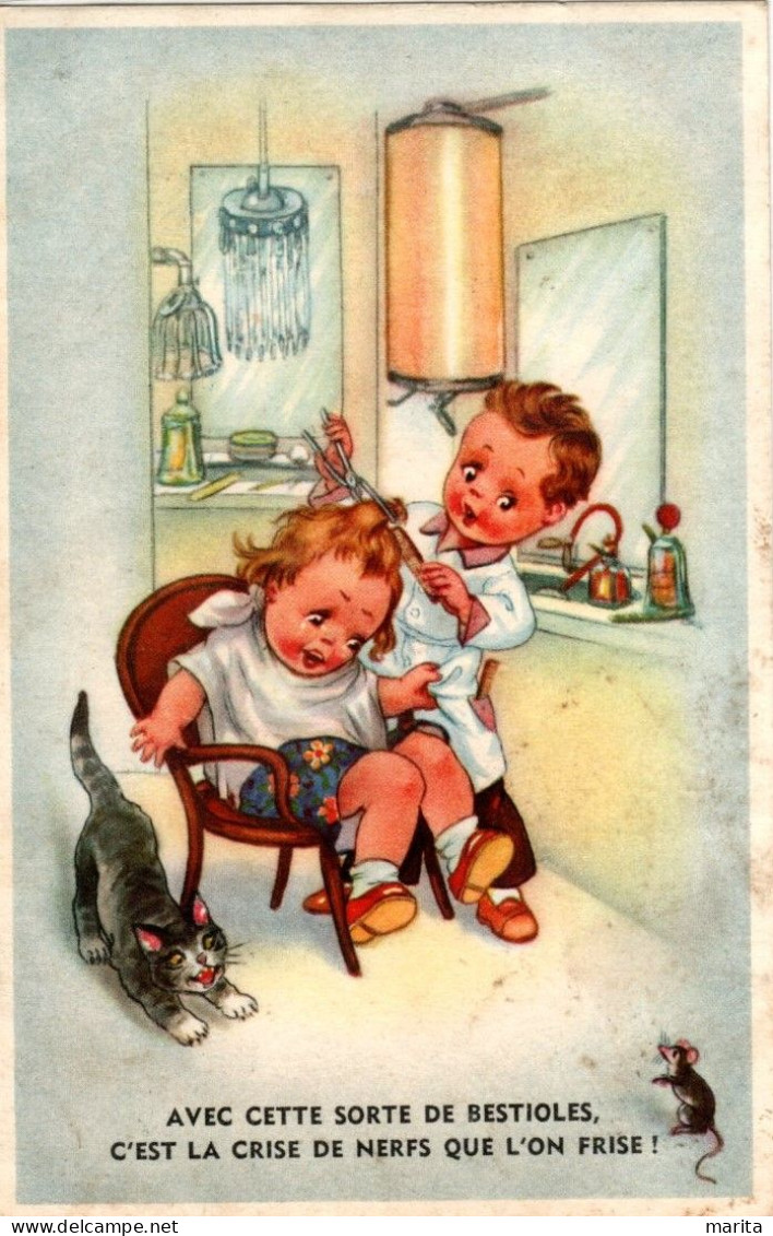 Chat Enfants Coifeur- Cat And Childs - Kindjes Kapper Poesje En Muis -katze, Kind - Cats