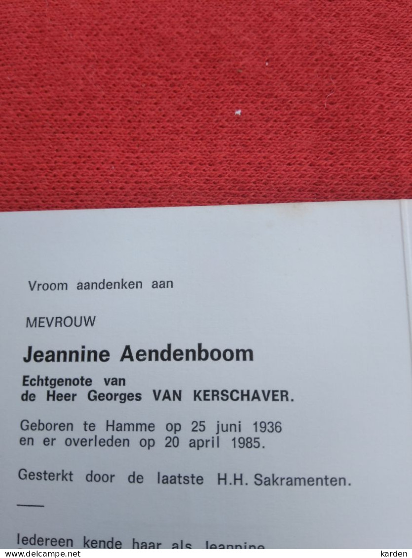 Doodsprentje Jeannine Aendenboom / Hamme 25/6/1936 - 20/4/1985 ( Georges Van Kerschaver ) - Religión & Esoterismo