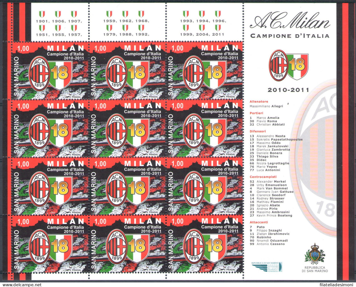 2011 San Marino Milan Campione D'Italia 2010-2011 Minifoglio 12 Valori - MNH** - Blocks & Sheetlets