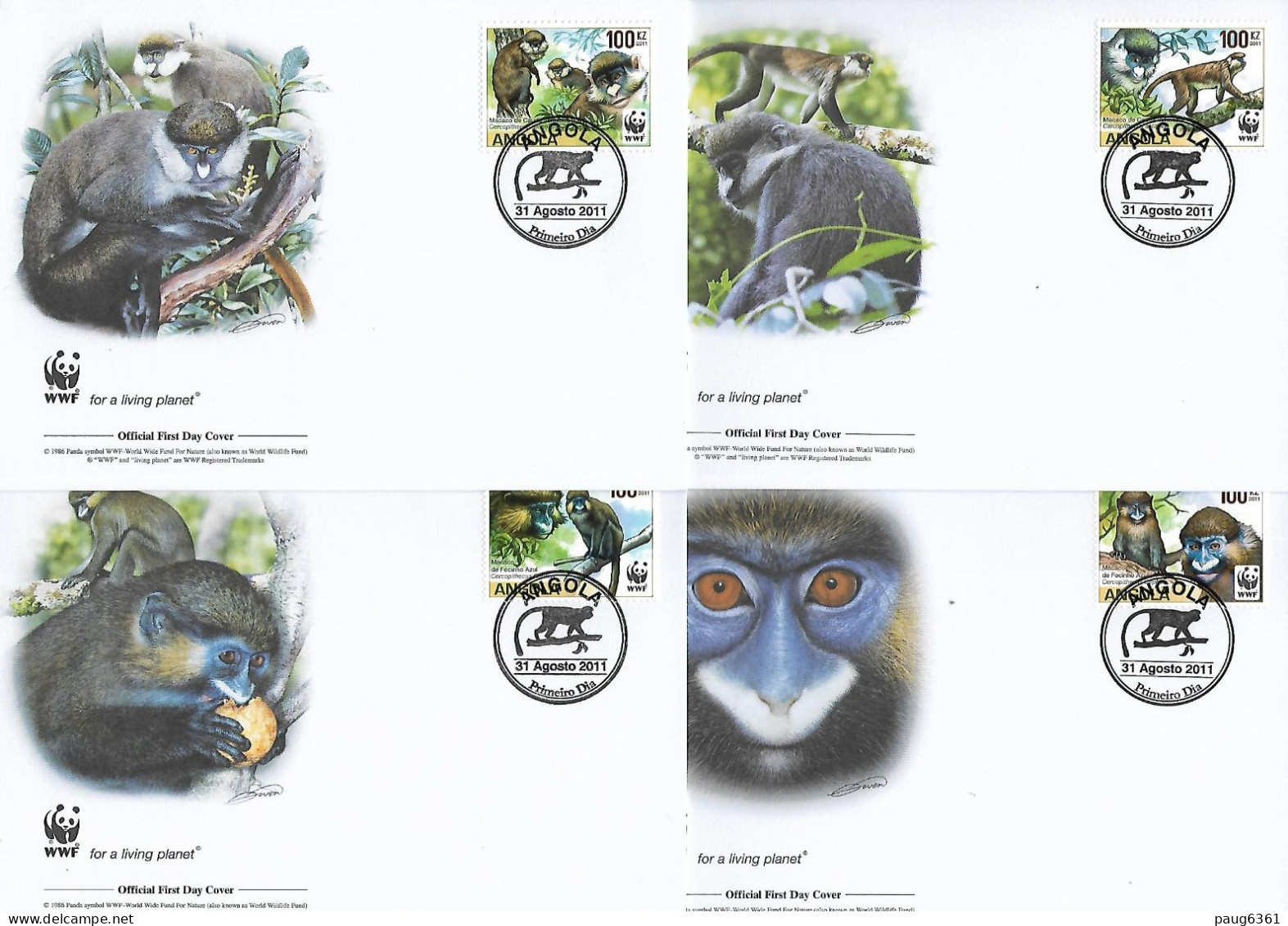 ANGOLA  2011 4 FDC WWF-SINGES YVERT N°1673/1676 - FDC