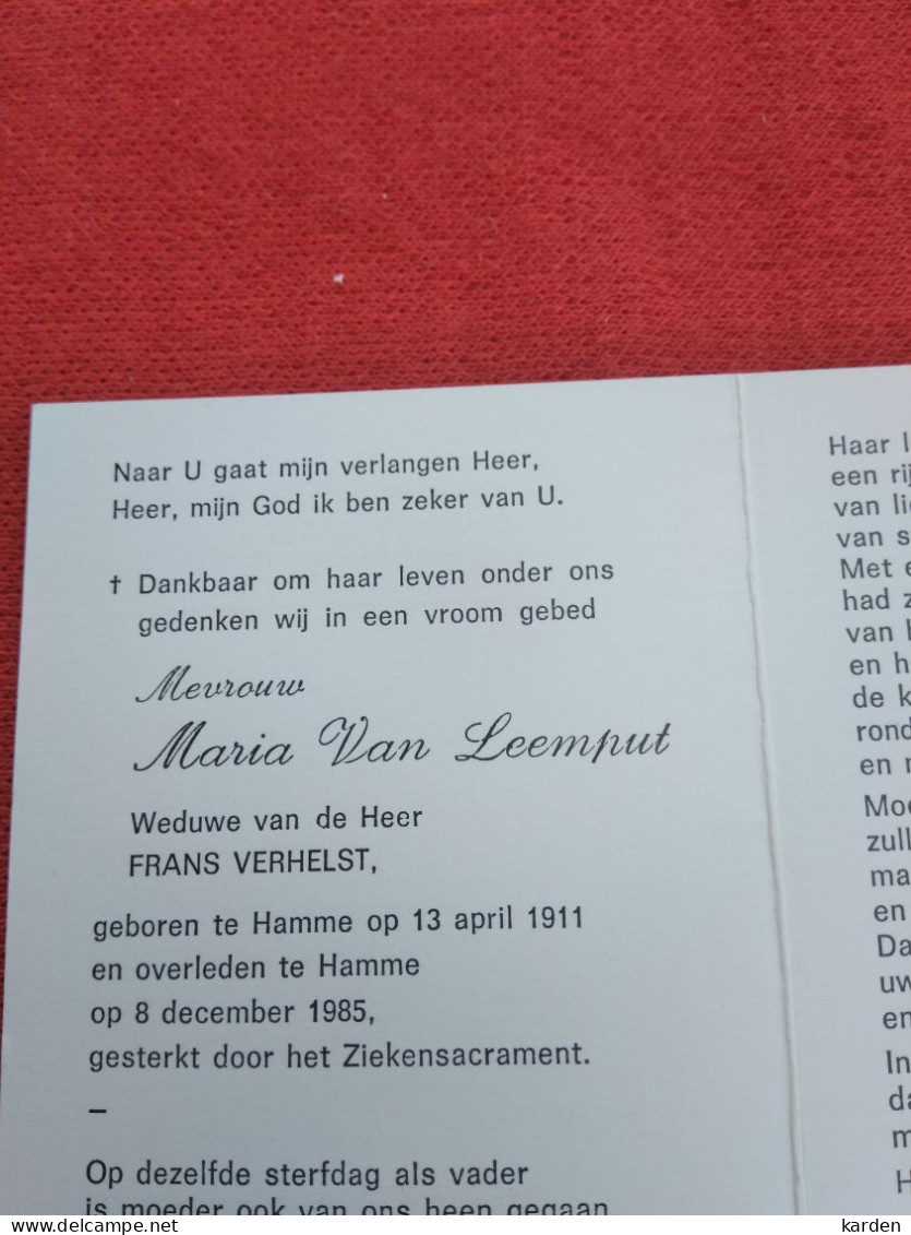 Doodsprentje Maria Van Leemput / Hamme 13/4/1911 - 8/12/1985 ( Frans Verhelst ) - Religion & Esotericism