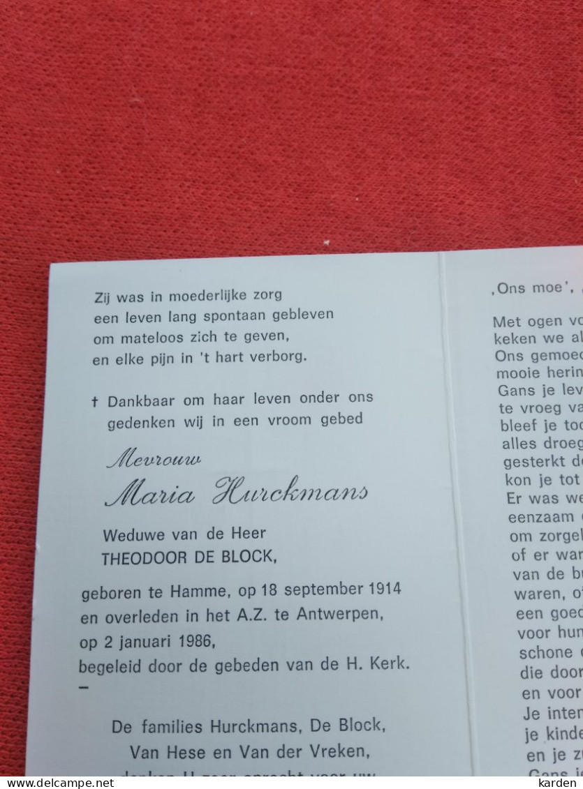 Doodsprentje Maria Hurckmans / Hamme 18/9/1914 Antwerpen 2/1/1986 ( Theodoor De Block ) - Religion & Esotericism