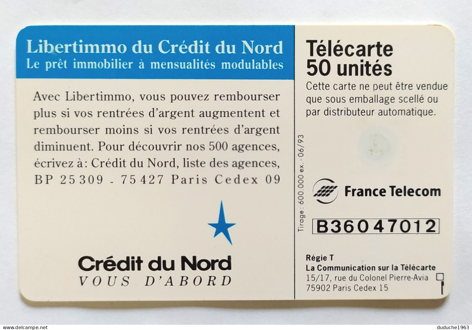 Télécarte France - Crédit Du Nord (1993) - Non Classificati