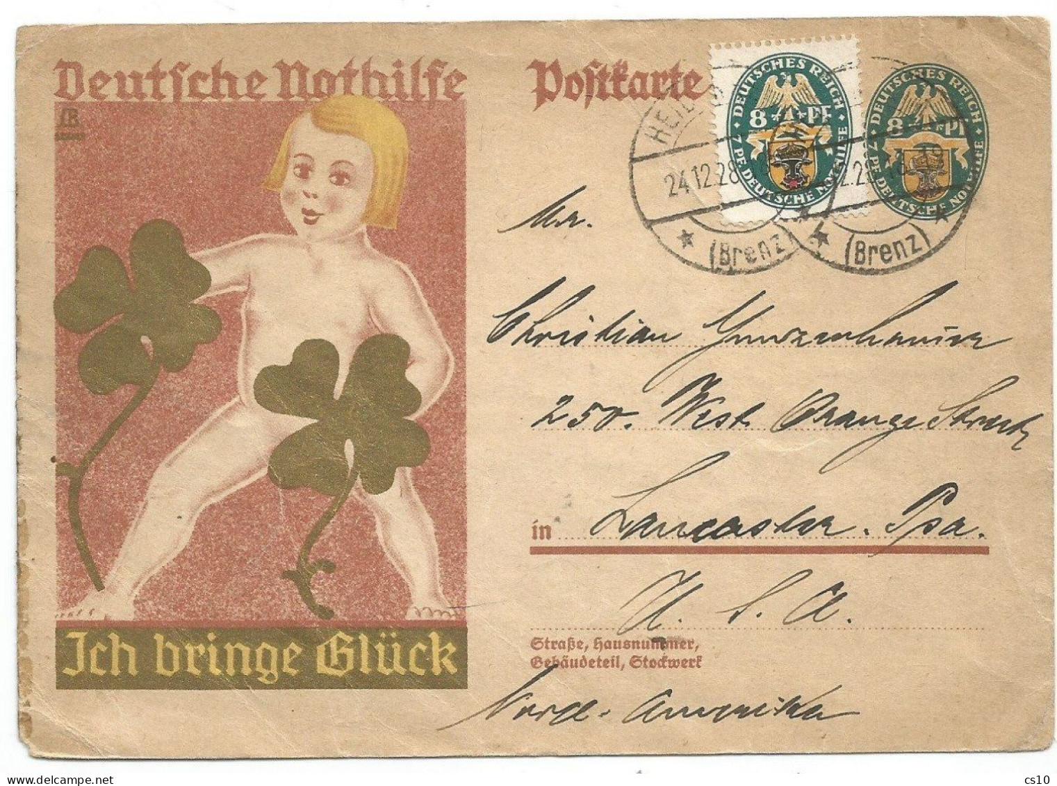 Germany INFLA Nothilfe 1928 Stationery Pf8 + The SCARCE Regular TWIN Pf8 RIGHT WMK See Scan Heidenheim 24dec1928 X USA - Covers & Documents