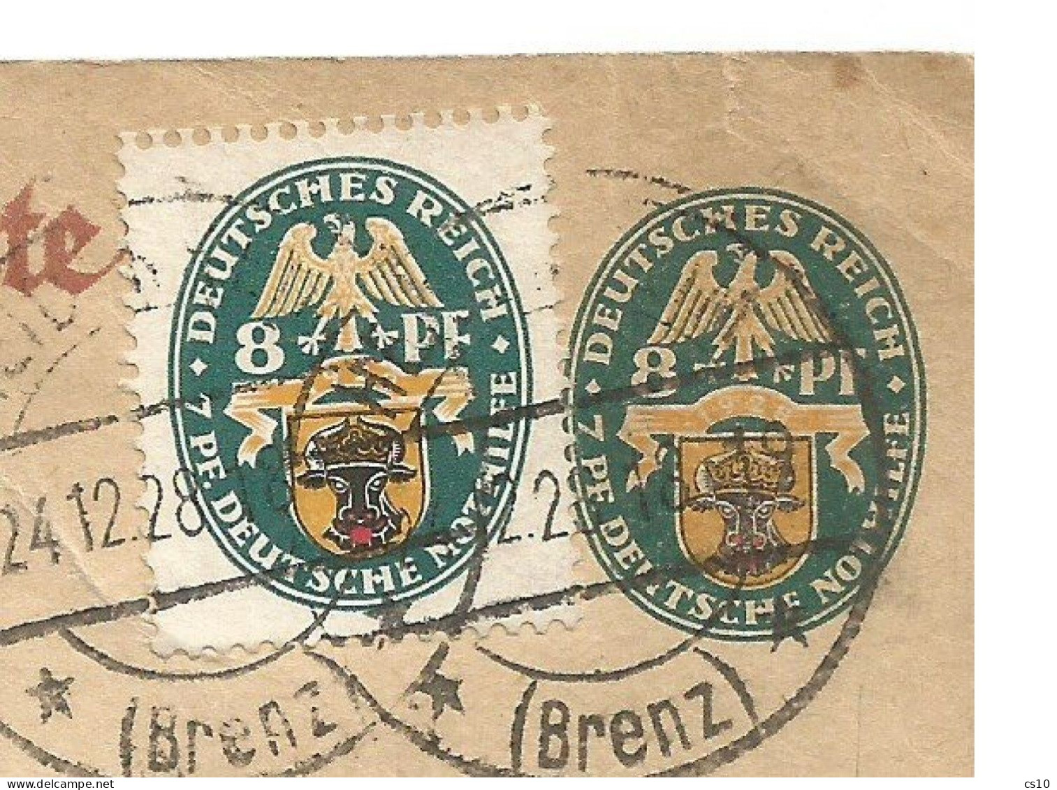 Germany INFLA Nothilfe 1928 Stationery Pf8 + The SCARCE Regular TWIN Pf8 RIGHT WMK See Scan Heidenheim 24dec1928 X USA - Lettres & Documents