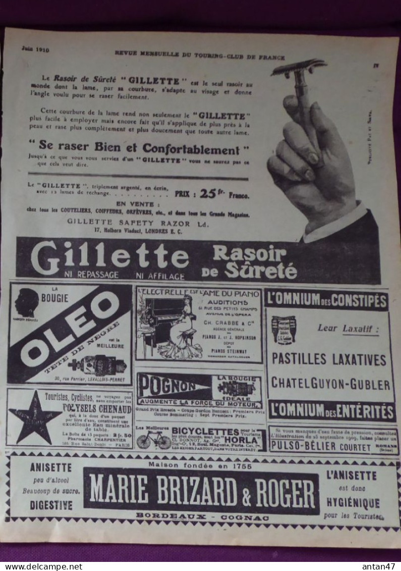 Pub 1910 / Gazogène PIERSON à BRUNEL Aviation / Rasoir GILLETTE / Bougie OLEO / Anisette MARIE BRIZARD / Piano CRABBE - Publicidad