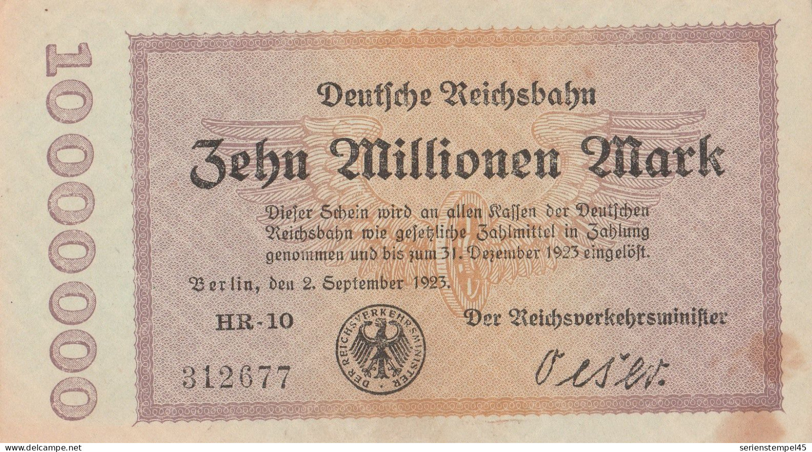 Geldschein Gutschein Der Deutschen Reichsbahn 2 September 1923 10 Millionen Mark - 10 Millionen Mark