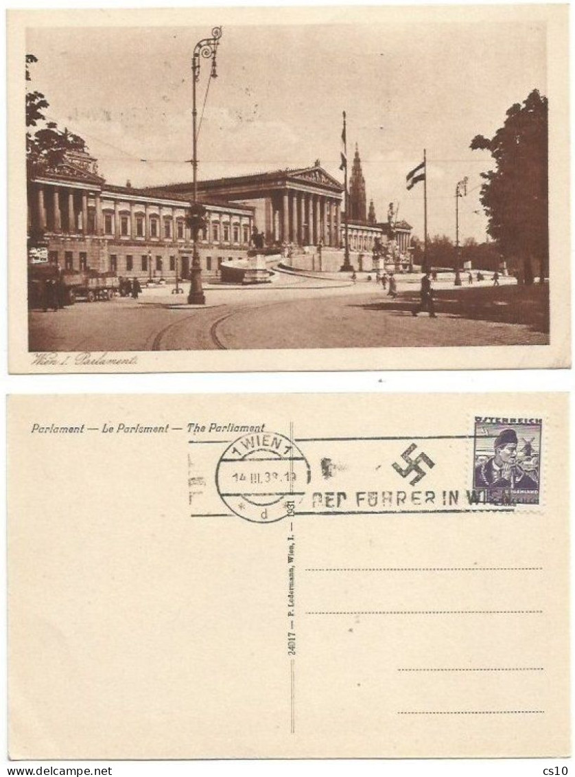 Germany Reich "Der Fuhrer In Wien" Slogan PMK 14amr1938 Pcard Parliament Bldgs By Ledermann With 1gr - Lettres & Documents