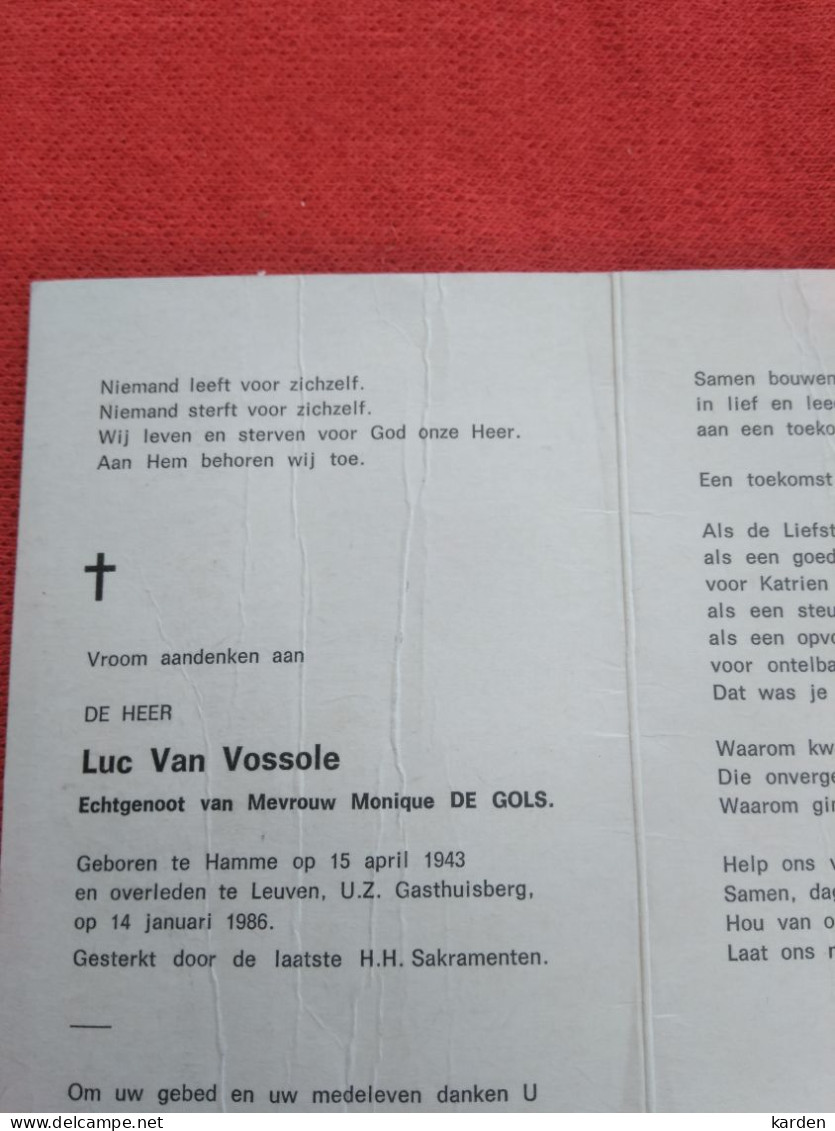 Doodsprentje Luc Van Vossole / Hamme 15/4/1943 Leuven 14/1/1986 ( Monique De Gols ) - Religion & Esotérisme