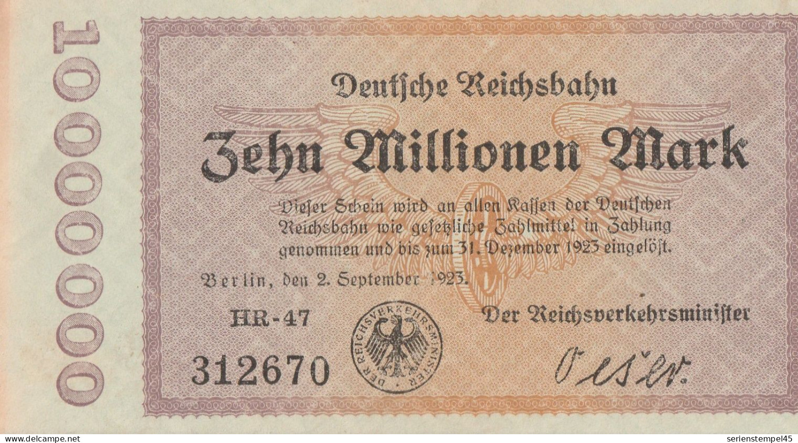 Geldschein Gutschein Der Deutschen Reichsbahn 2 September 1923 10 Millionen Mark HR 47 - 10 Millionen Mark