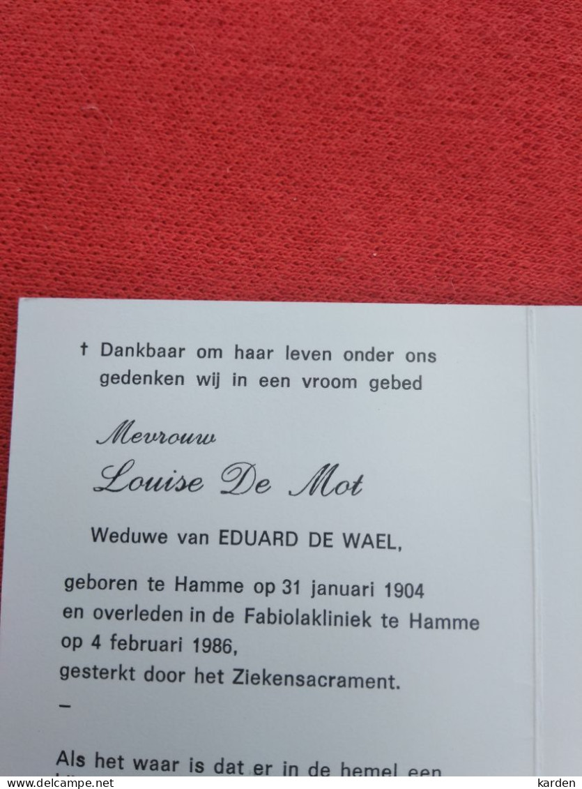 Doodsprentje Louise De Mot / Hamme 31/1/1904 - 4/2/1986 ( Eduard De Wael ) - Religion & Esotérisme