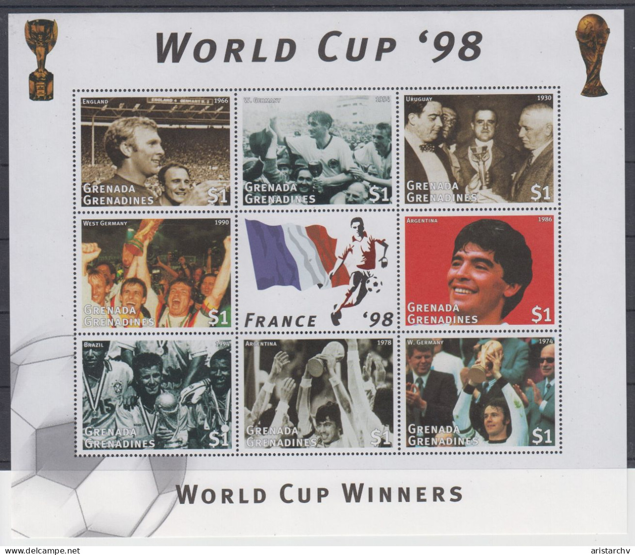 GRENADA GRENADINES 1998 FOOTBALL WORLD CUP 2 S/SHEETS 2 SHEETLETS AND 6 STAMPS - 1998 – Francia