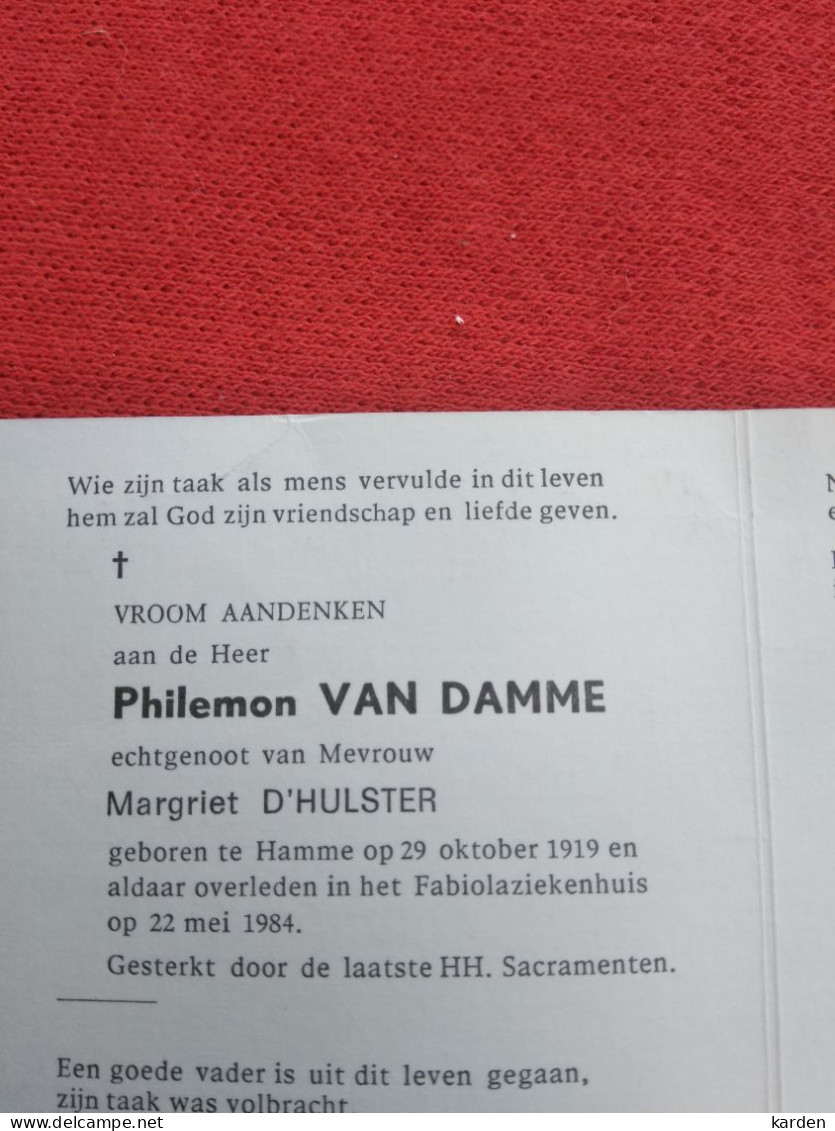 Doodsprentje Philemon Van Damme / Hamme 29/10/1919 - 22/5/1984 ( Margriet D'Hulster ) - Religión & Esoterismo