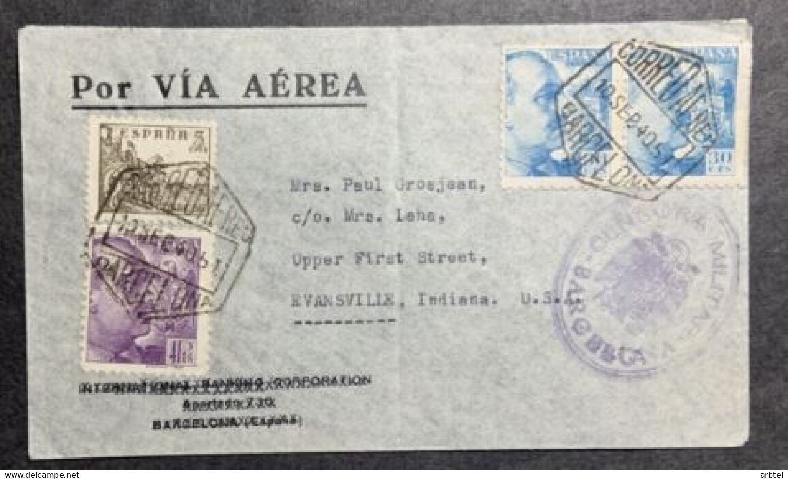 ESPAÑA SPAIN BARCELONA A USA AEREA 1940 SELLO 4 PTS SANCEZ TODA CENSURADA - Covers & Documents