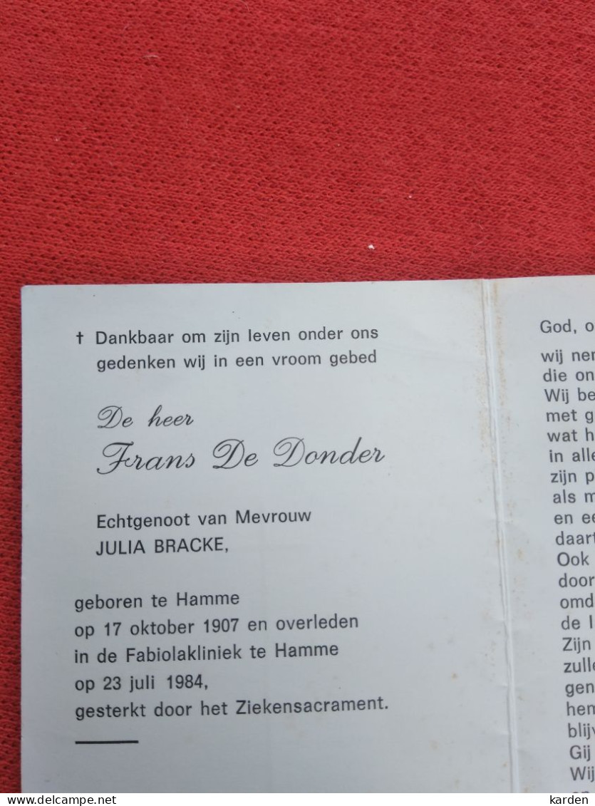 Doodsprentje Frans De Donder / Hamme 17/10/1907 - 23/7/1984 ( Julia Bracke ) - Religión & Esoterismo