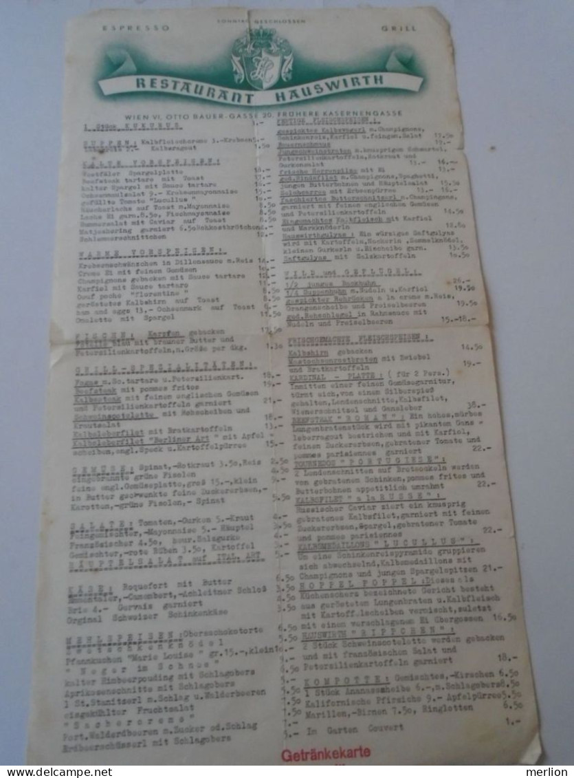 D202234 Menu, Menü-Karte Restaurant Hauswirth  Wien VI, Otto Bauer Gasse 20  -ca 1940-50's - Menükarten