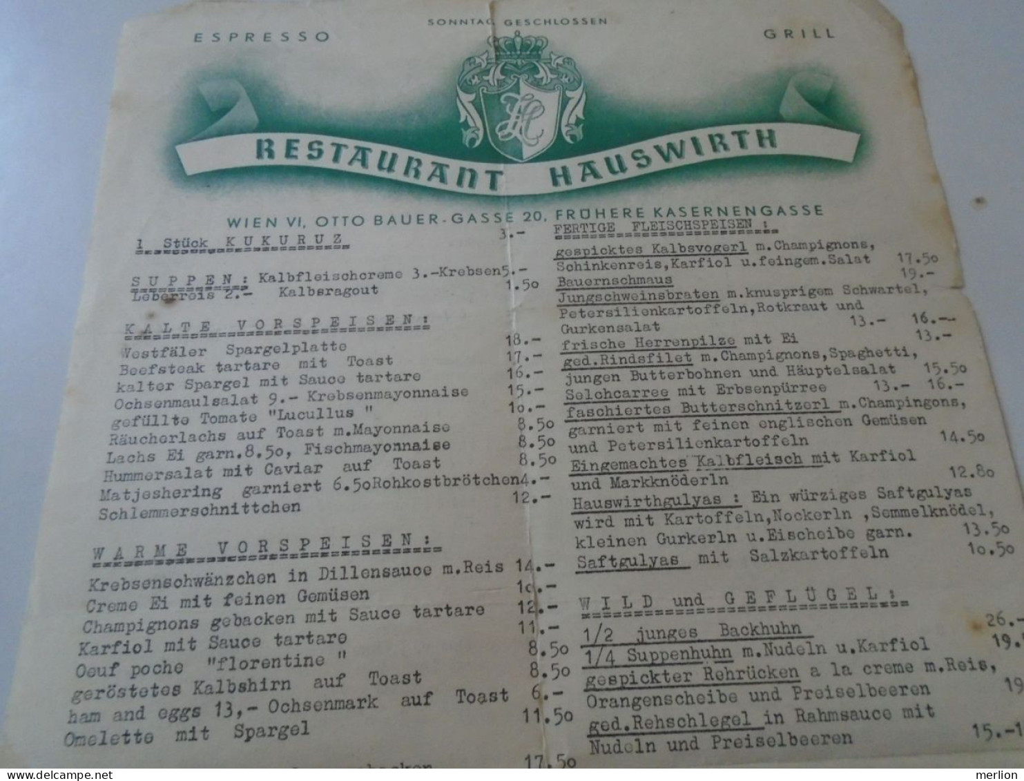 D202234 Menu, Menü-Karte Restaurant Hauswirth  Wien VI, Otto Bauer Gasse 20  -ca 1940-50's - Menú