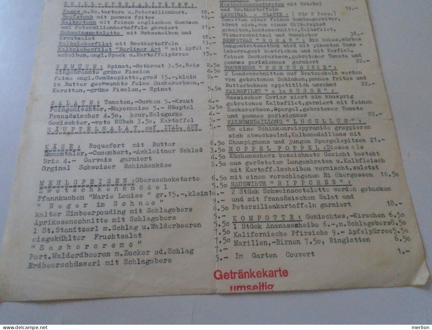 D202234 Menu, Menü-Karte Restaurant Hauswirth  Wien VI, Otto Bauer Gasse 20  -ca 1940-50's - Menú