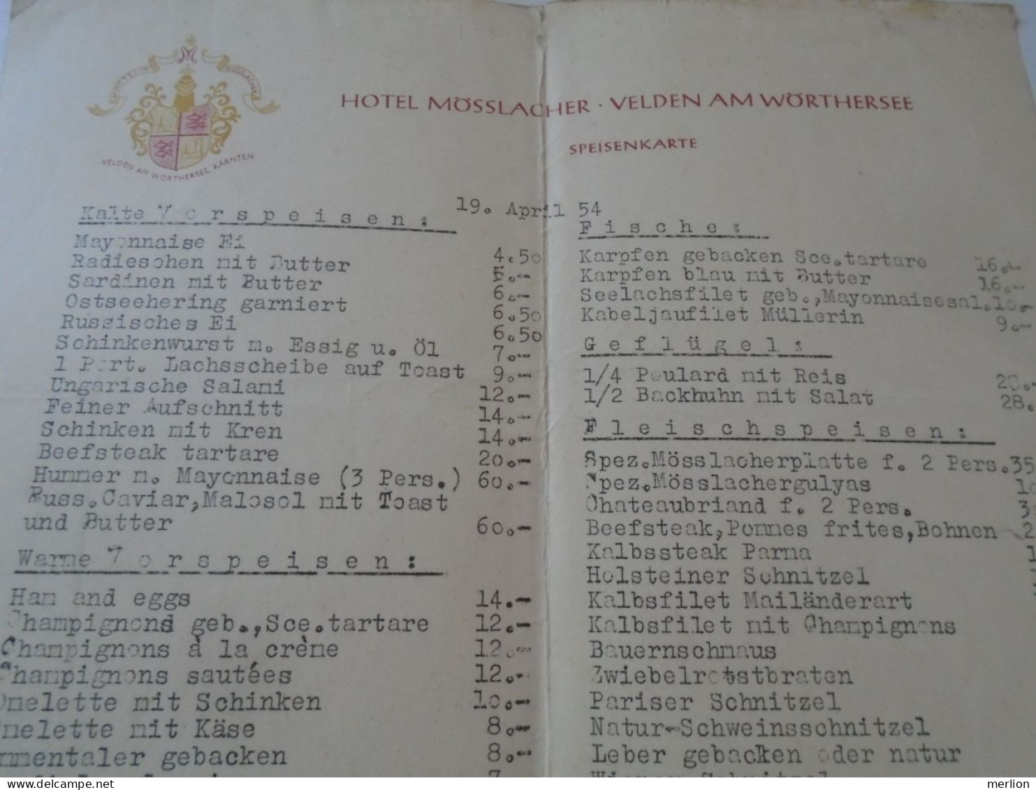 D202235 Menu, Menü-Karte Speisenkarte - Hotel Mösslacher -Velden Am Wörthersee -ca 1954 - Menú