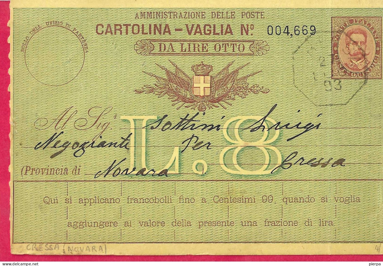 INTERO CARTOLINA-VAGLIA UMBERTO C.15 DA LIRE 8 (CAT. INT.12) -COLLETTORIA "CRESSA *27.LUG.93* DA GRUMELLO DEL MONTE - Marcophilia