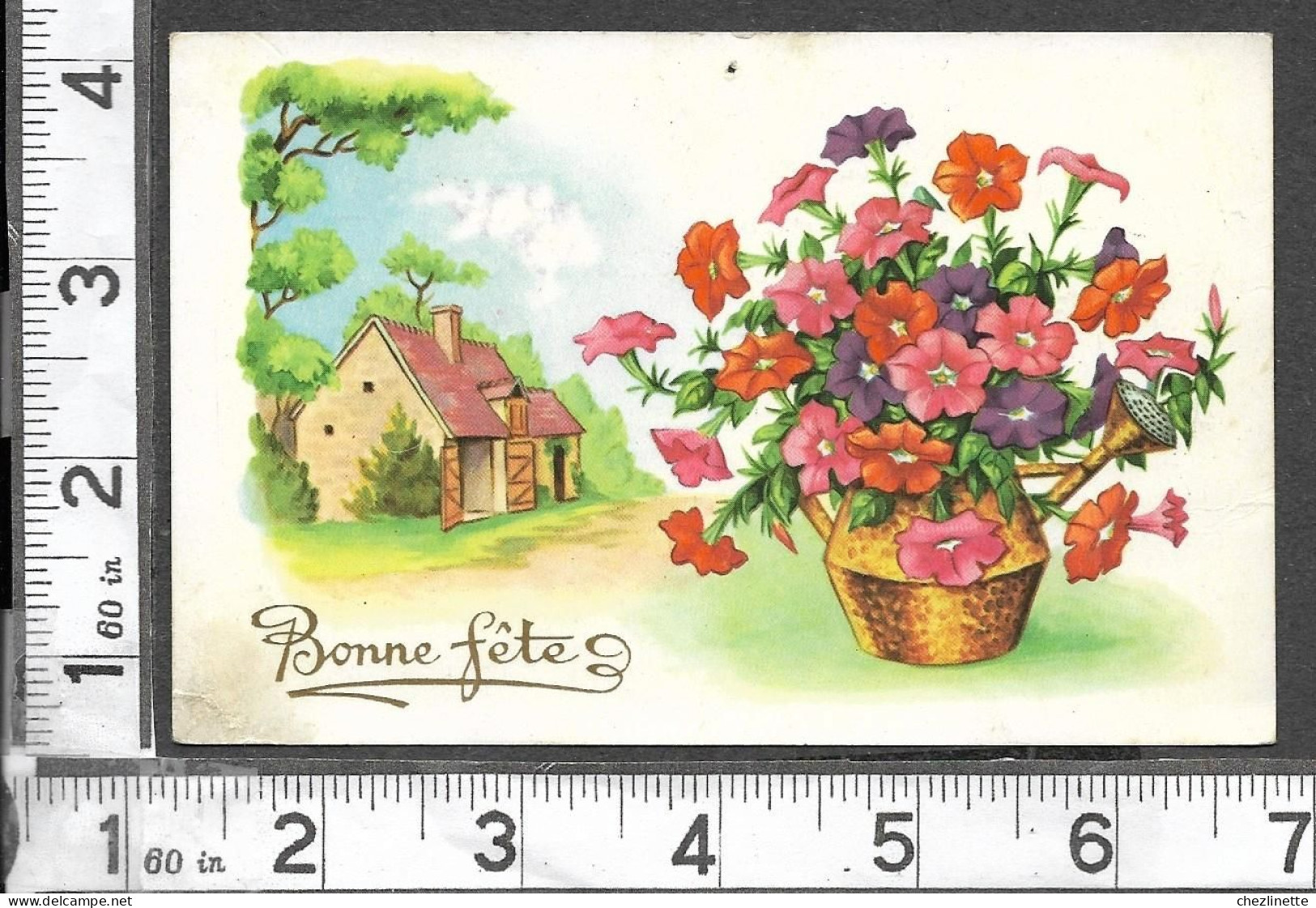 Ed. PHOTOCHROM 732 / BONNE FETE / ARROSOIR EN CUIVRE GARNI DE FLEURS DE PETUNIA / PETITE MAISON CAMPAGNE ARBRES - Andere & Zonder Classificatie