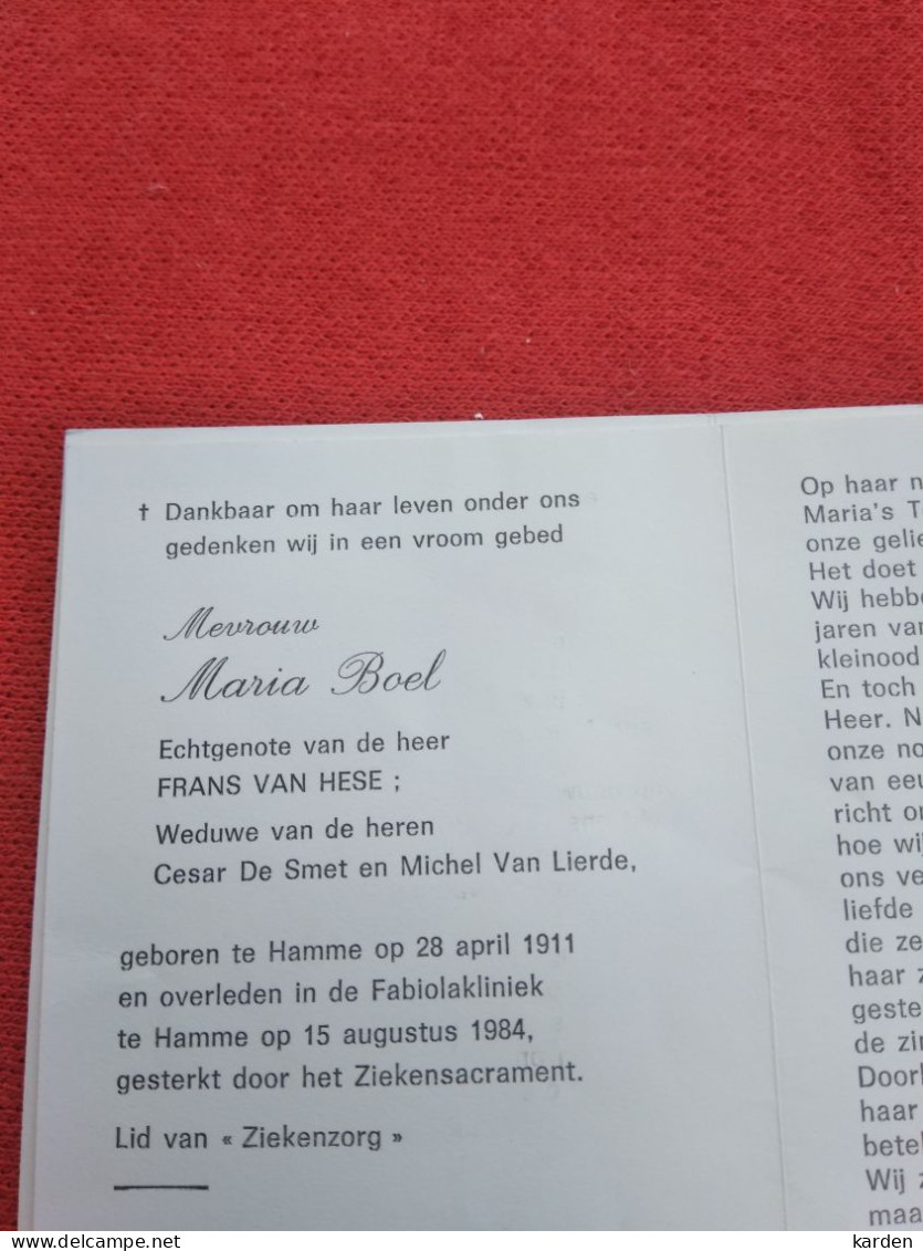 Doodsprentje Maria Boel / Hamme 28/4/1911 - 15/8/1984 ( Cesar De Smet / Michel Van Lierde / Frans Van Hese ) - Religión & Esoterismo