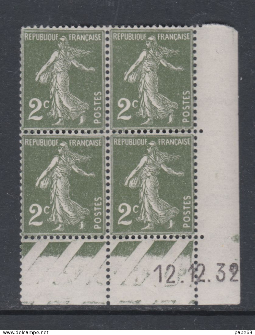 France N° 278 XX Type Semeuse : 2 C. Vert Foncé En Bloc De 4 Coin Daté Du 12 . 12 . 32 ;  Sans Pt Blanc, Ss Charnière,TB - 1930-1939