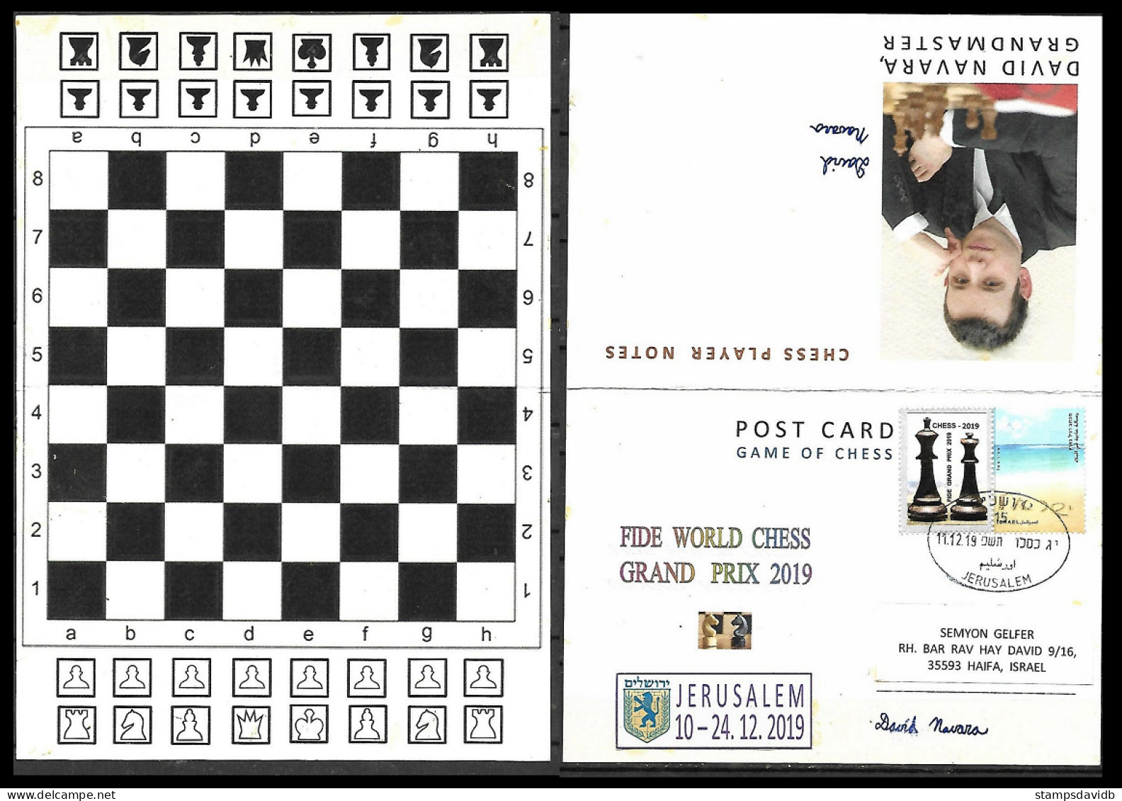 2019 Israel Post Card Double  Rare Grandmaster D. Navara With Autograph - Echecs