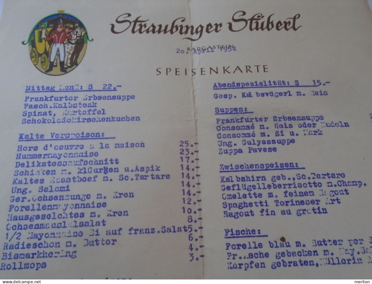 D202237   Menu, Menü-Karte Speisenkarte  - Straubinger Strüberl -Badgastein - Österreich    1954 - Menus