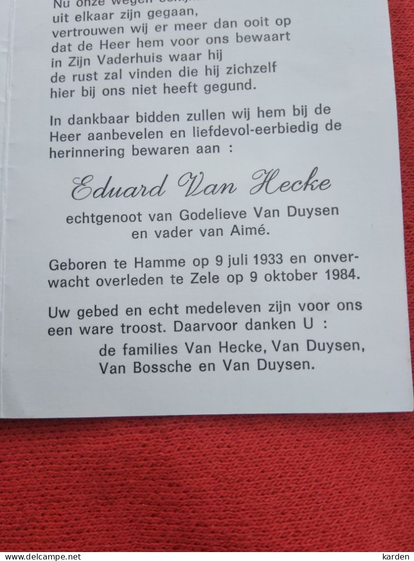 Doodsprentje Eduard Van Hecke / Hamme 9/7/1933 Zele 9/10/1984 ( Godelieve Van Duysen ) - Religión & Esoterismo