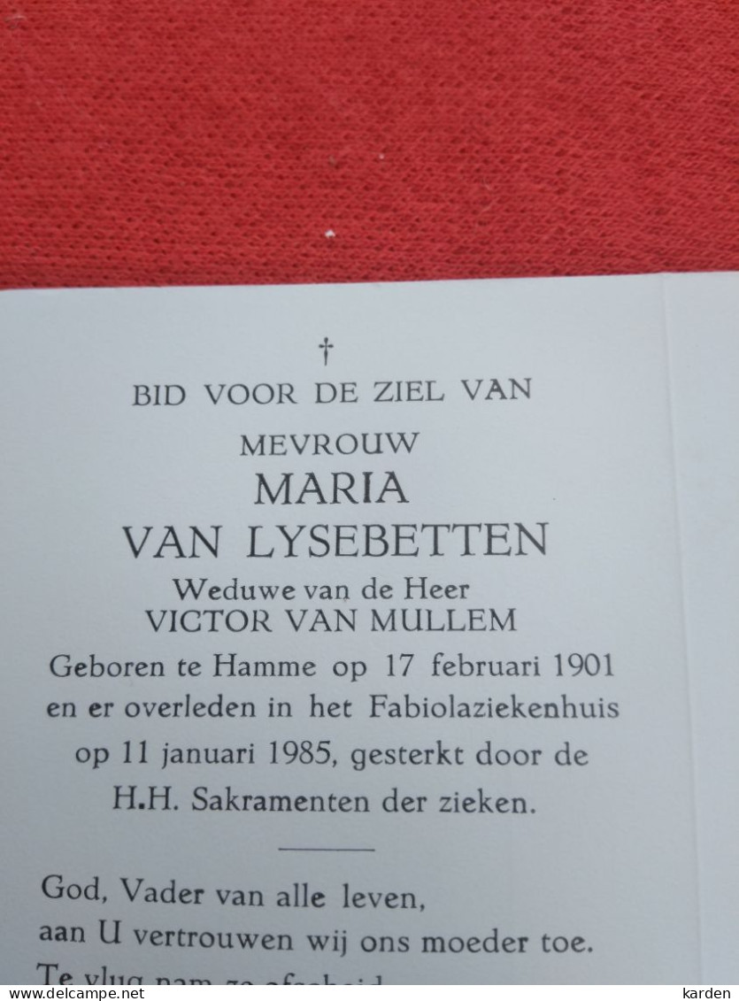 Doodsprentje Maria Van Lysebetten / Hamme 17/2/1901 - 11/1/1985 ( Victor Van Mullem ) - Religion & Esotérisme