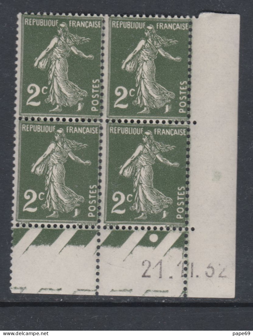 France N° 278 XX Type Semeuse : 2 C. Vert Foncé En Bloc De 4 Coin Daté Du 21 . 11 . 32 ;  1 Pt Blanc, Sans Charnière,TB - 1930-1939