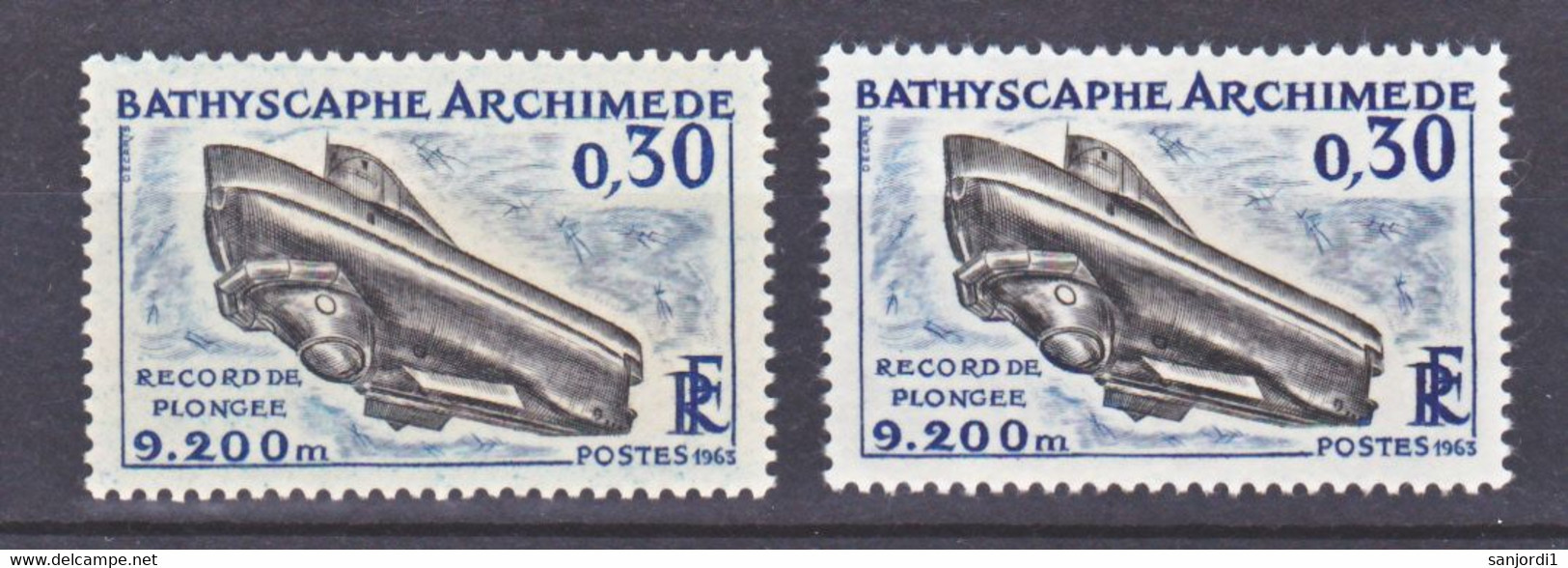 France 1368 Variété Gris Et Noir Bathyscaphe Neuf ** TB MNH Sin Charnela - Unused Stamps