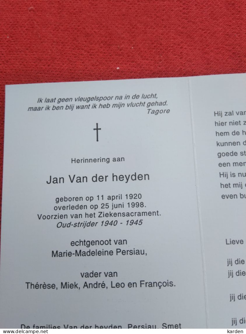 Doodsprentje Jan Van Der Heyden / 11/4/1920 - 25/6/1998 ( Marie Madeleine Persiau ) - Religión & Esoterismo