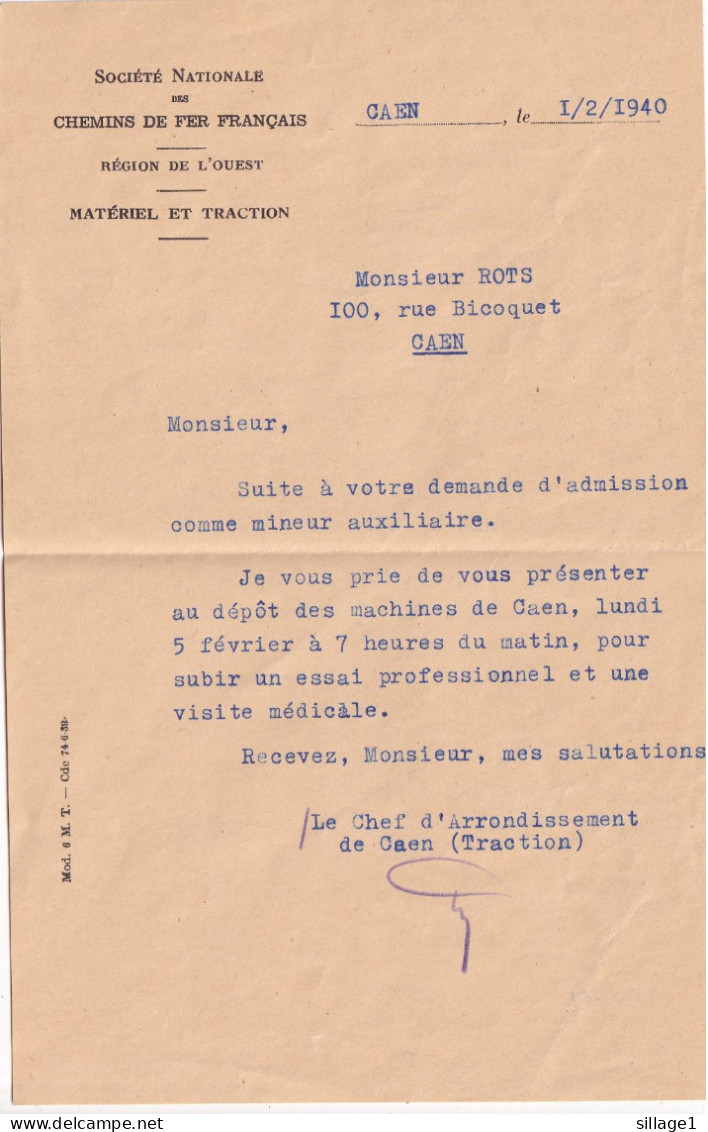 WW2 1940 SOCIETE NATIONALE DES CHEMINS DE FER FRANCAIS REGION DE L'OUEST - CAEN - MINEUR - TRACTION - Verkehr & Transport